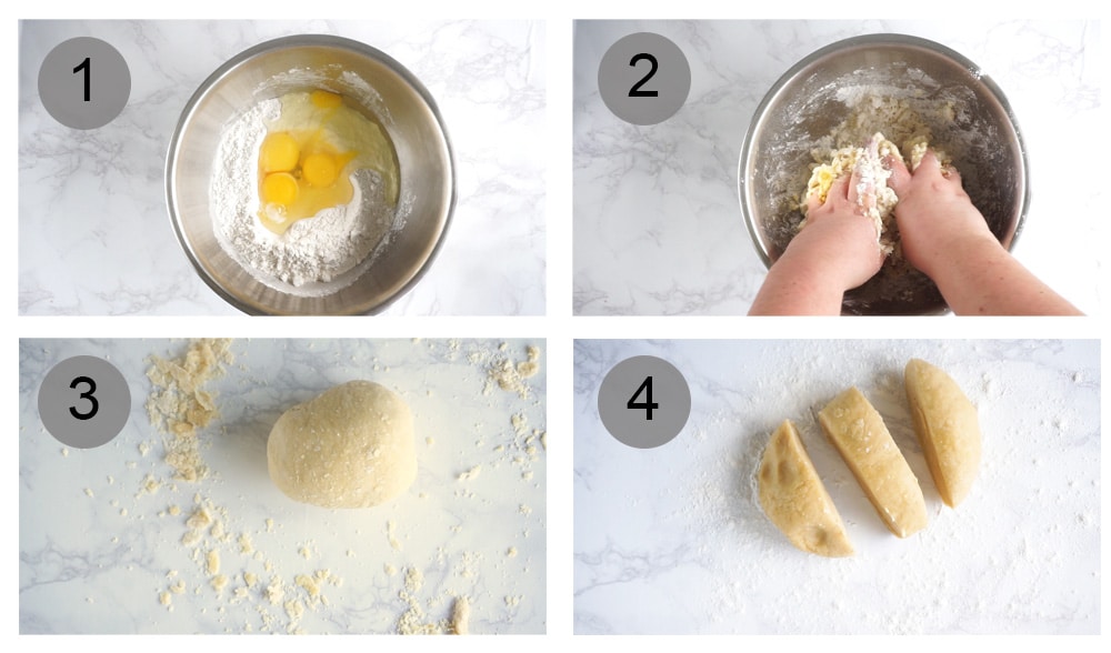 Step by step photos on hot to make homemade pasta dough with the KitchenAid mixer (steps 1-4)