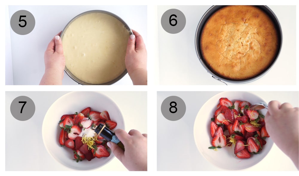 Step by step photos on how to make olive oil cake with prosecco strawberries and mascarpone cream (#5-8)