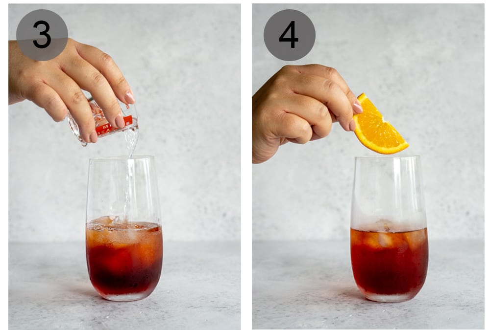 Step by step photos on how to make an americano cocktail (steps 3-4)