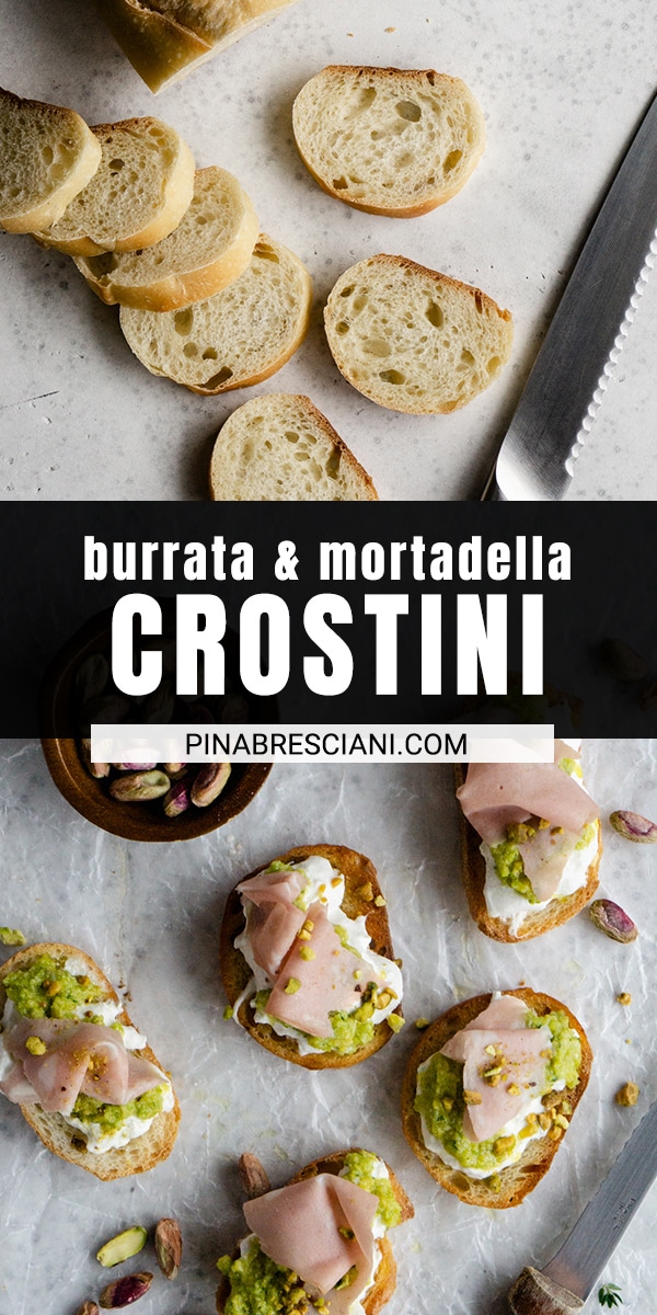 Burrata Crostini with Mortadella and Pistachio Pesto Pina Bresciani