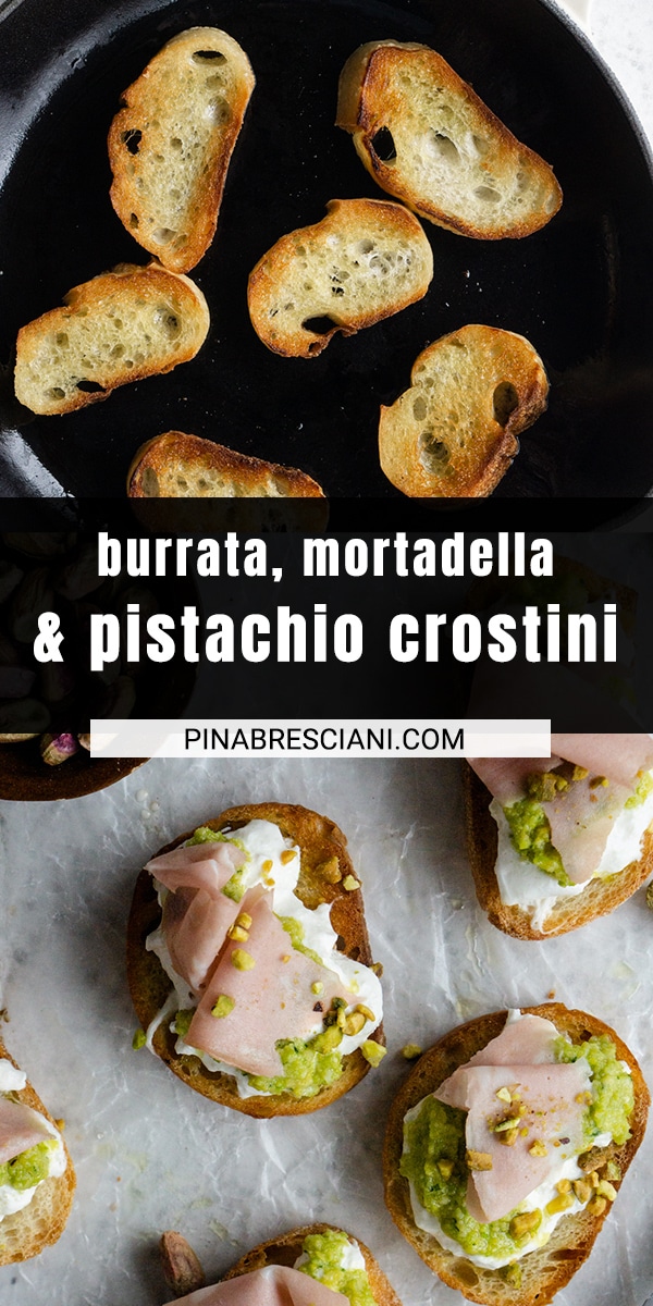 Burrata Crostini with Mortadella and Pistachio Pesto Pina Bresciani