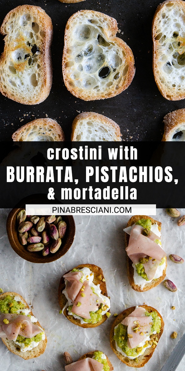 Burrata Crostini with Mortadella and Pistachio Pesto Pina Bresciani