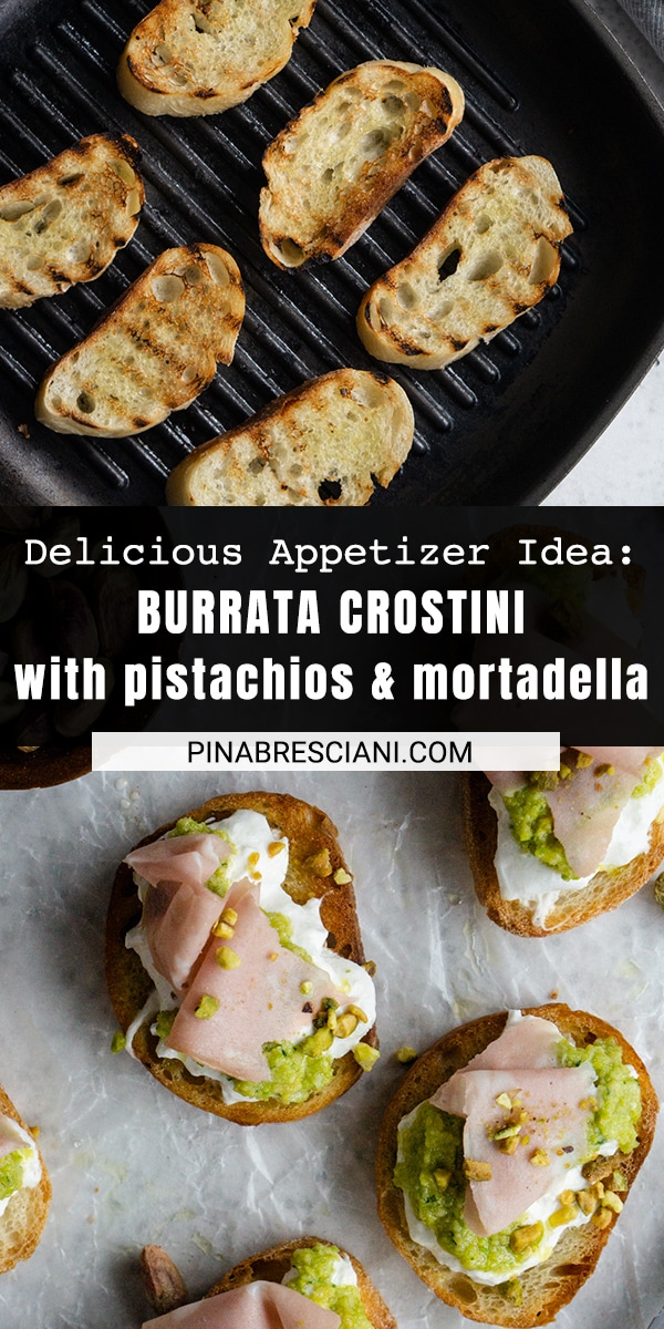 Burrata Crostini with Mortadella and Pistachio Pesto Pina Bresciani