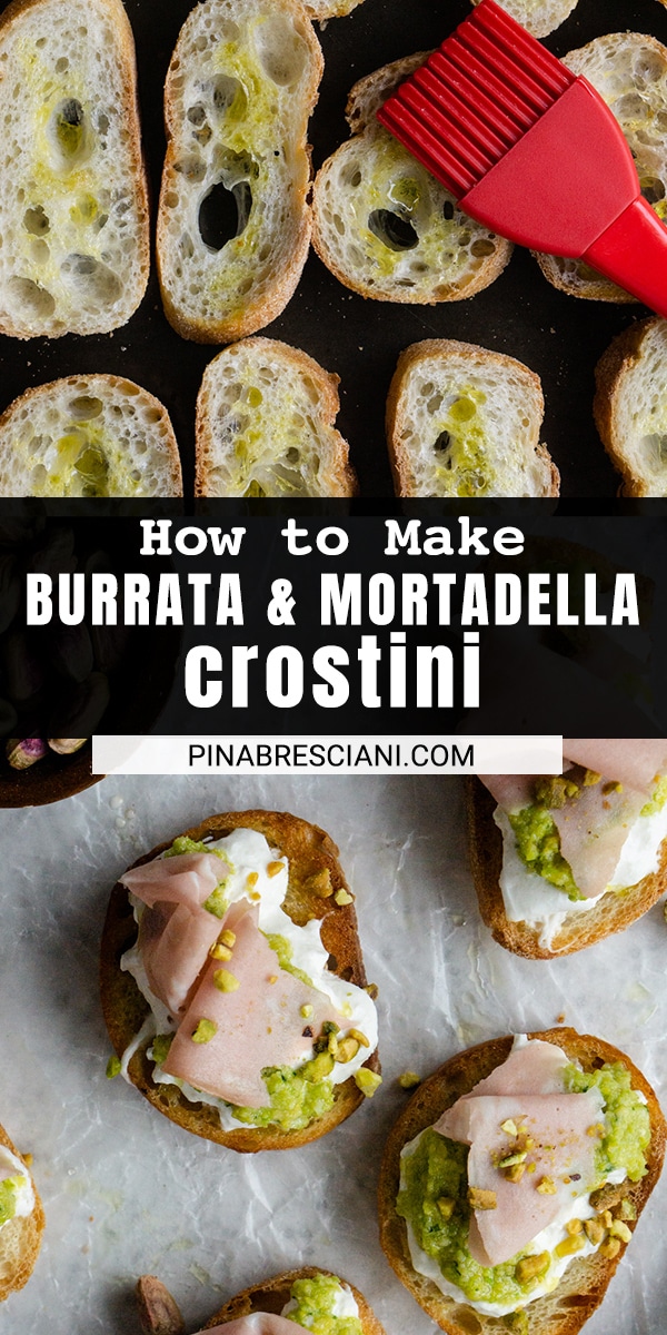 Burrata Crostini with Mortadella and Pistachio Pesto Pina Bresciani