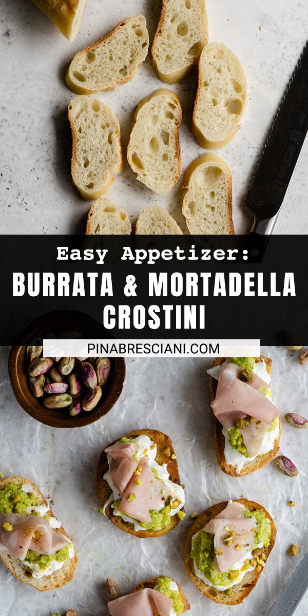 Burrata Crostini with Mortadella and Pistachio Pesto Pina Bresciani
