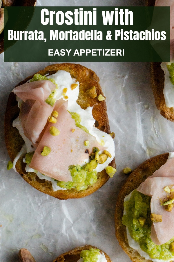 Burrata Crostini with Mortadella and Pistachio Pesto Pina Bresciani