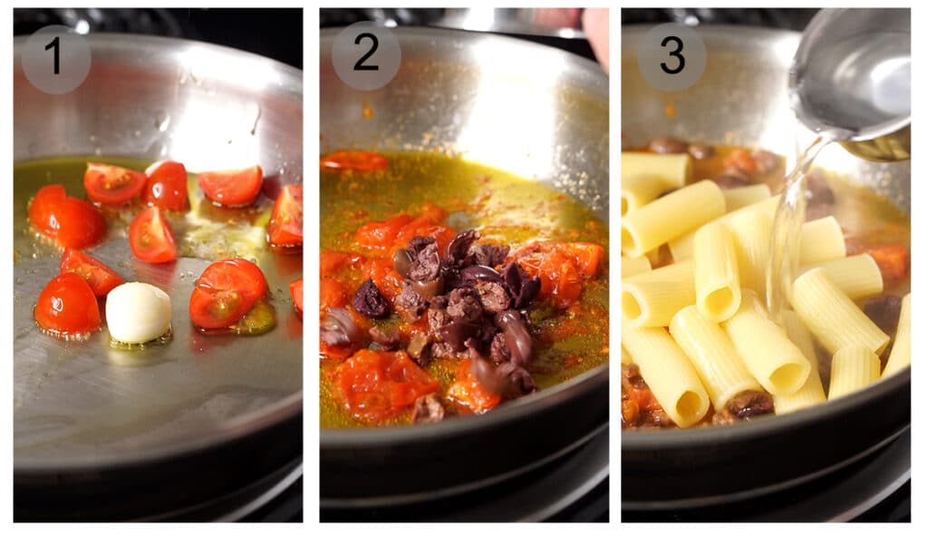 Step by step photos on how to make spinach penne pasta (#1-3)