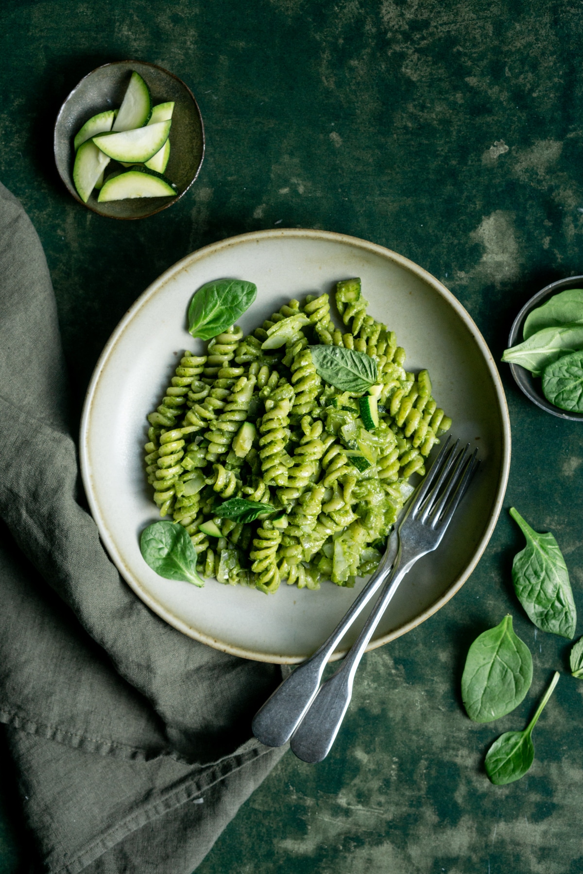 Green goddess pasta in a plate with a napkin to the side