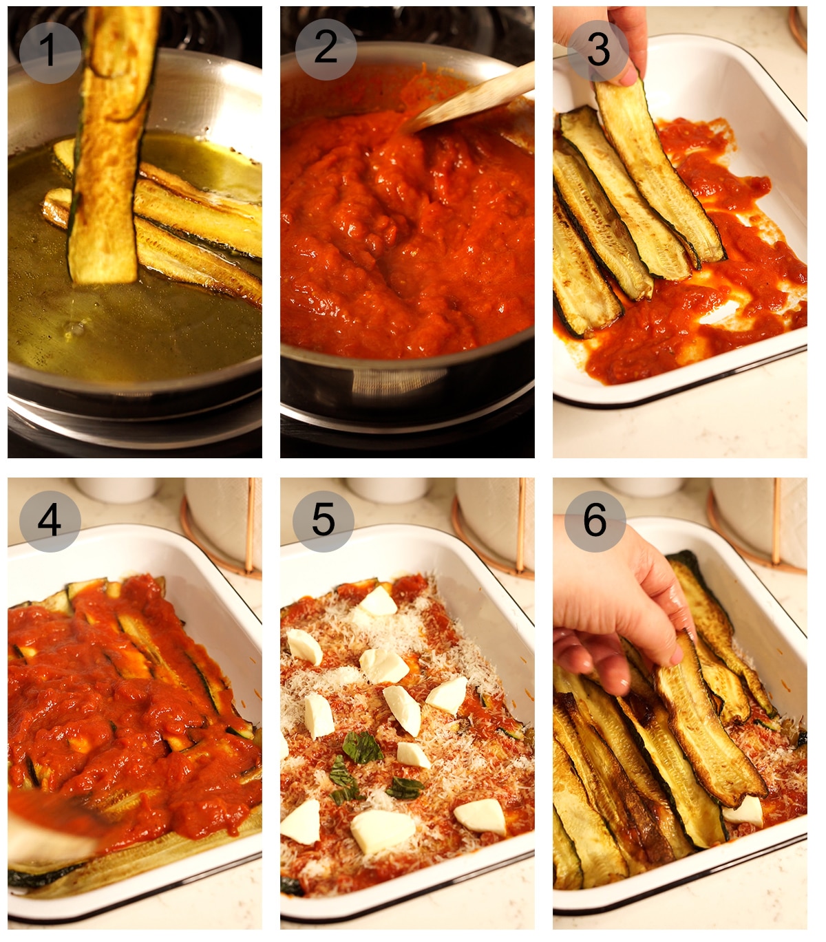 Step by step photos on how to make zucchini parmigiana (#1-6)