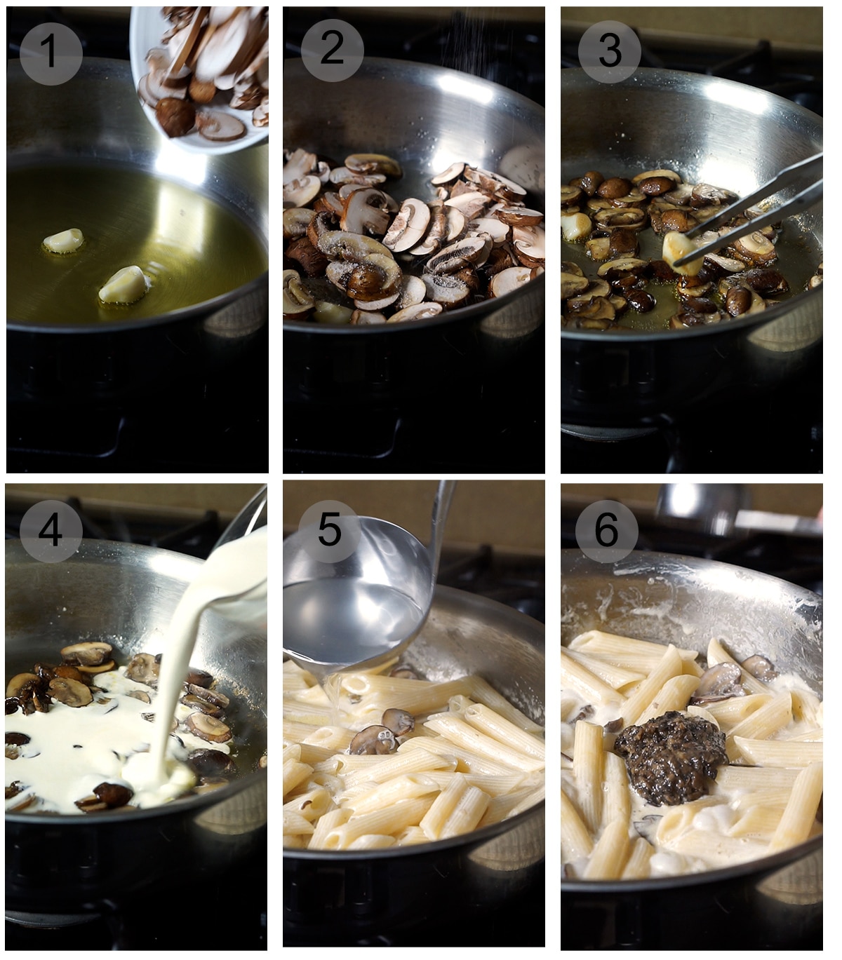 Step by step process on how to make creamy mushroom pasta #1-6