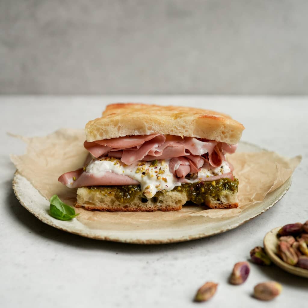 Mortadella Sandwich With Burrata and Pistachio Pesto! Pina Bresciani