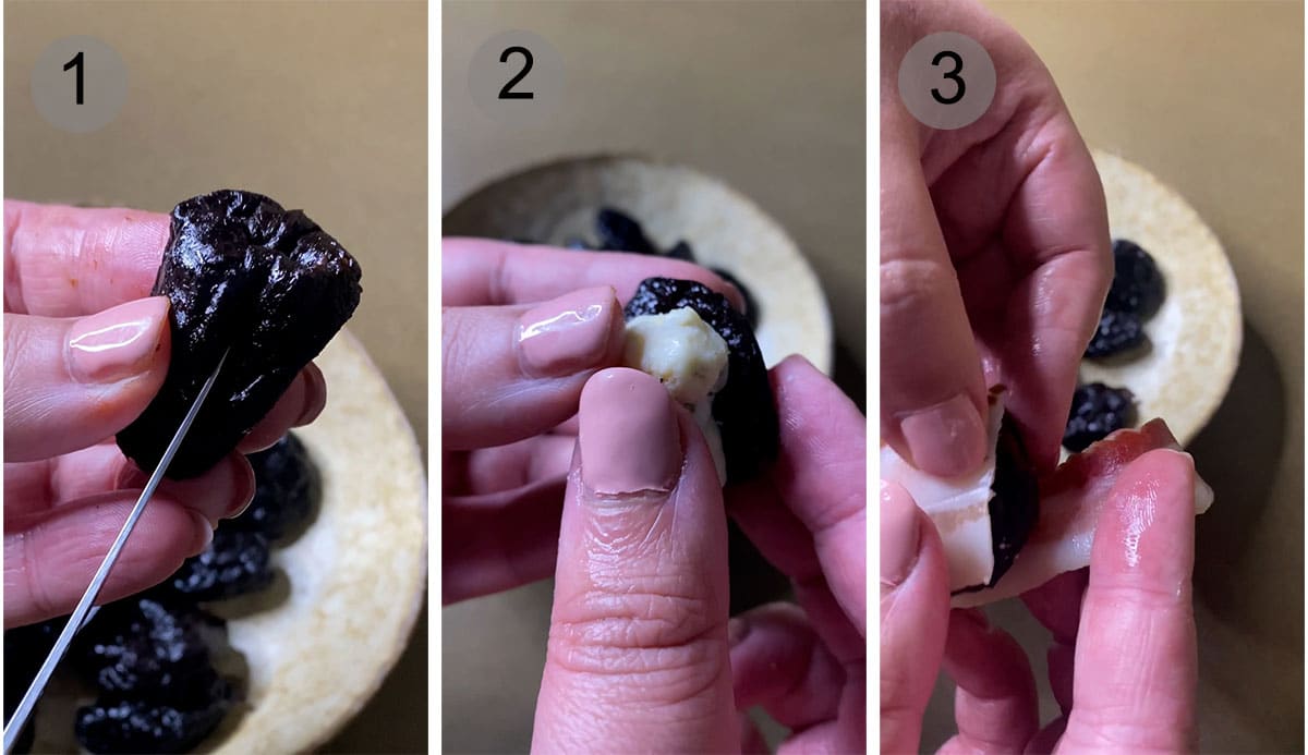 Step by step process on how to make stuffed prunes (#1-3)