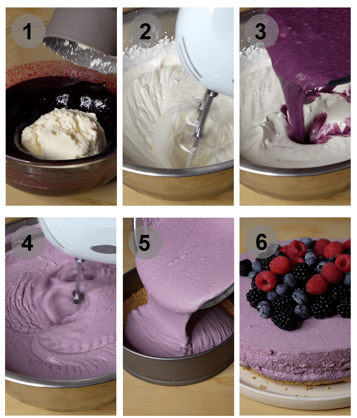 Step by step photos on how to make the berry mousse and assemble the cake
