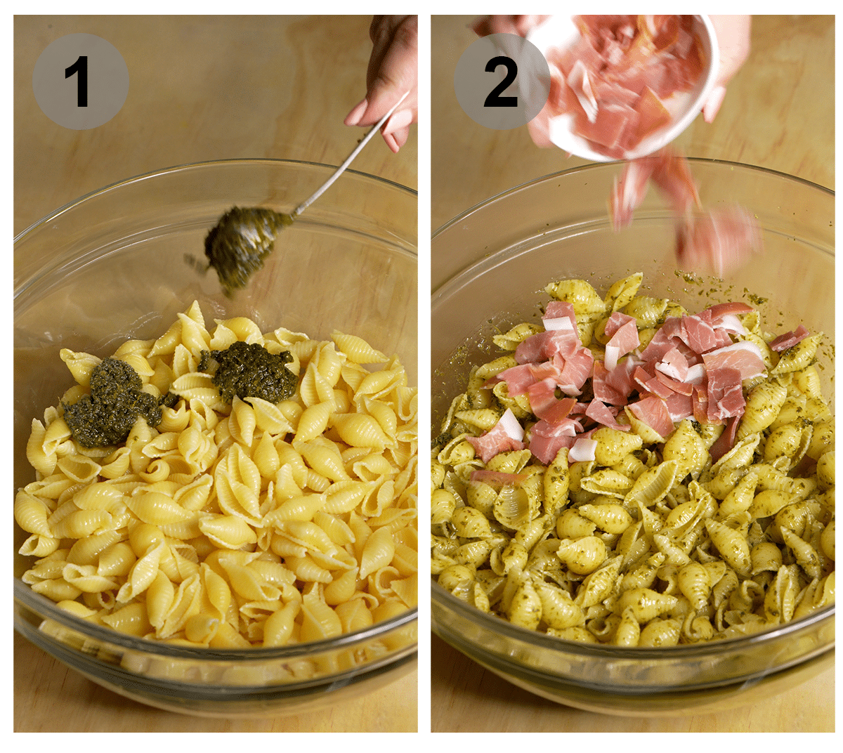 Step by step photos on how to make arugula pasta salad (steps #1-2)