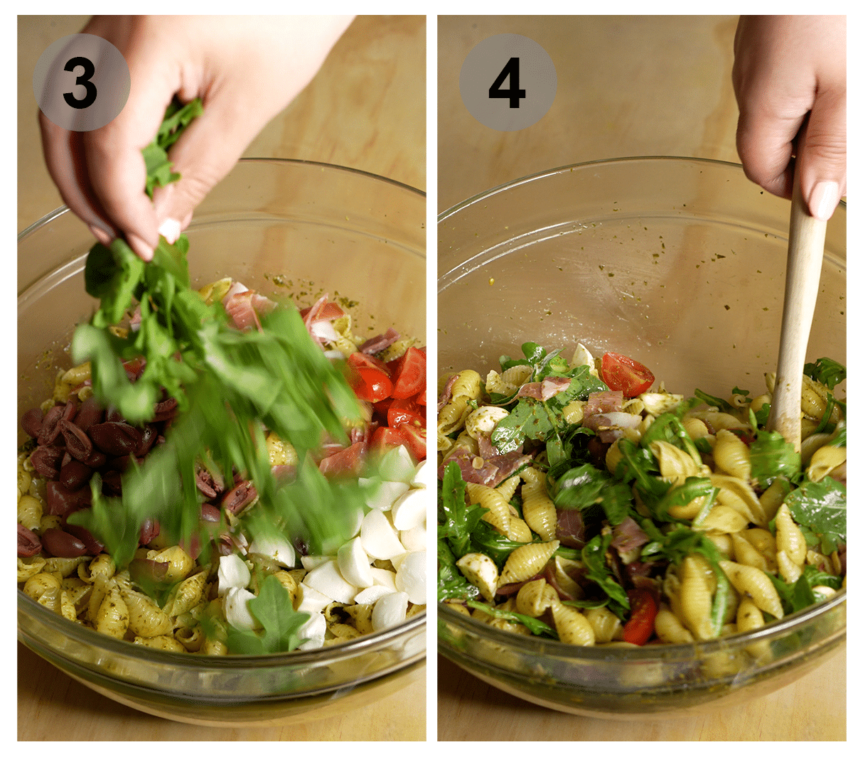 Step by step photos on how to make arugula pasta salad (steps #3-4)
