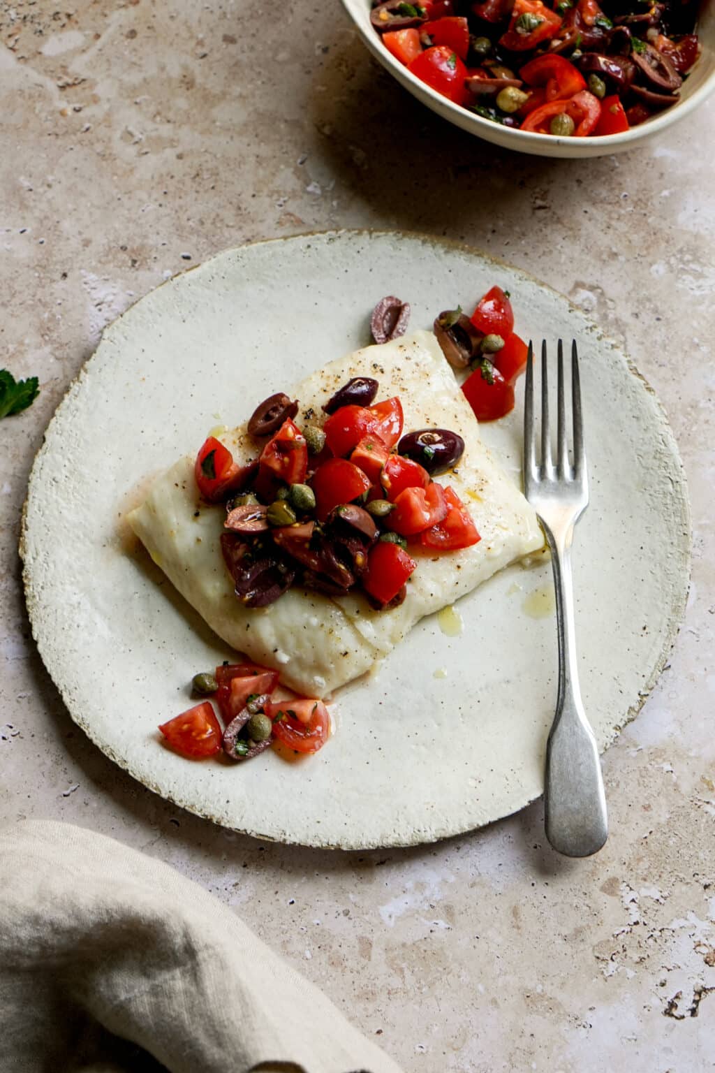 ItalianInspired Halibut with Tomato, Olive and Caper Salsa Pina