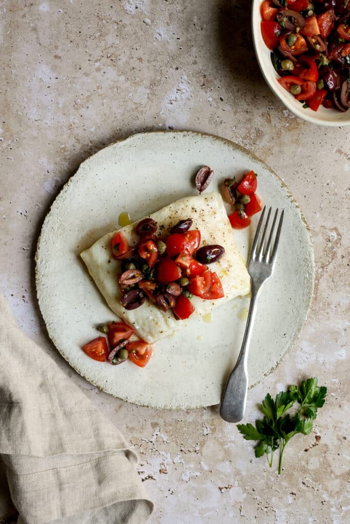 ItalianInspired Halibut with Tomato, Olive and Caper Salsa Pina