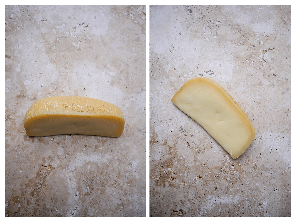 Two photos of provolone del monaco - side view and top view
