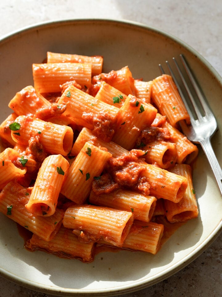 Pasta with canned tuna and tomato sauce in a bowl with a fork to the side