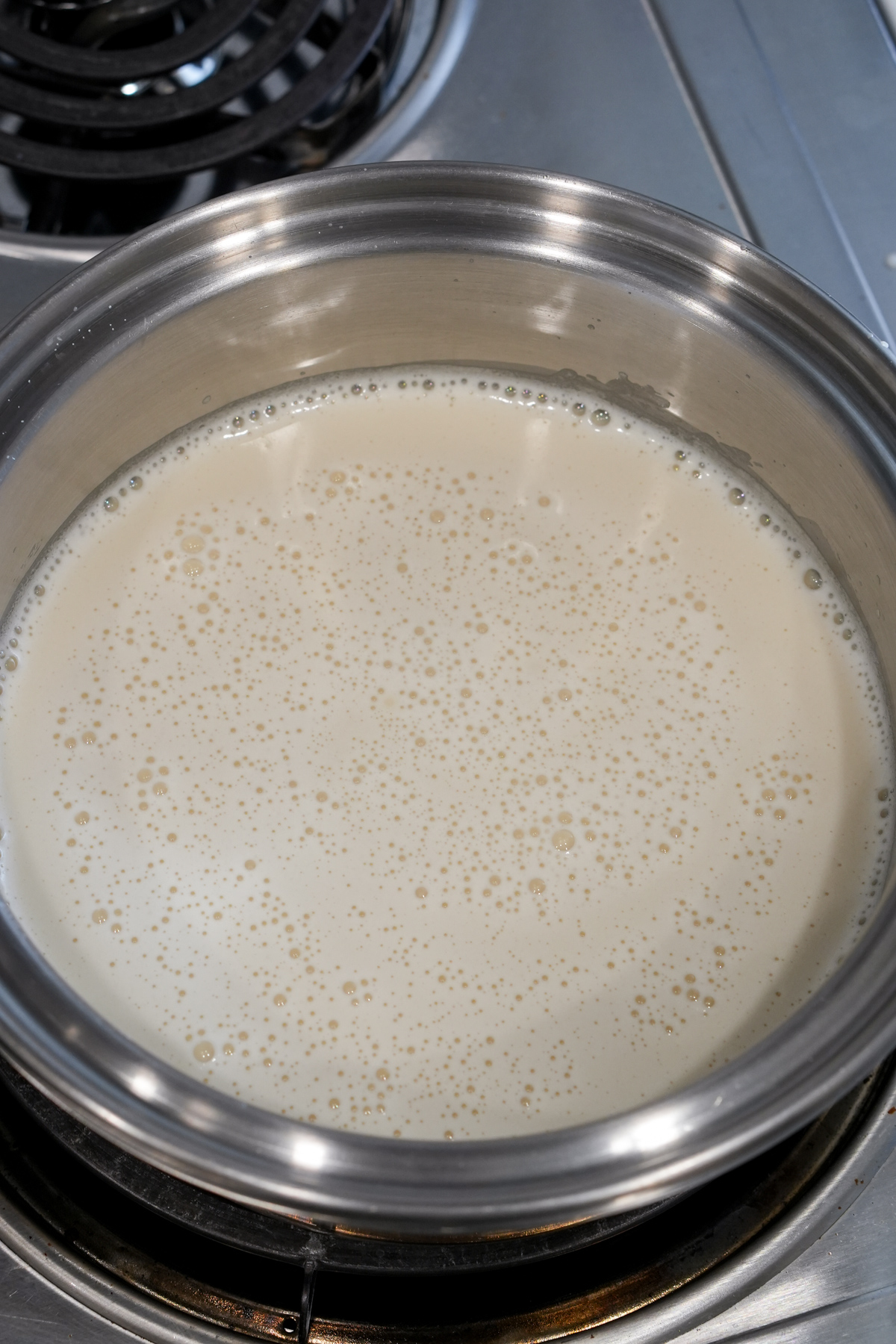 Heating up whipping cream, milk, gelatin, sugar, and vanilla extract in a sauce pan