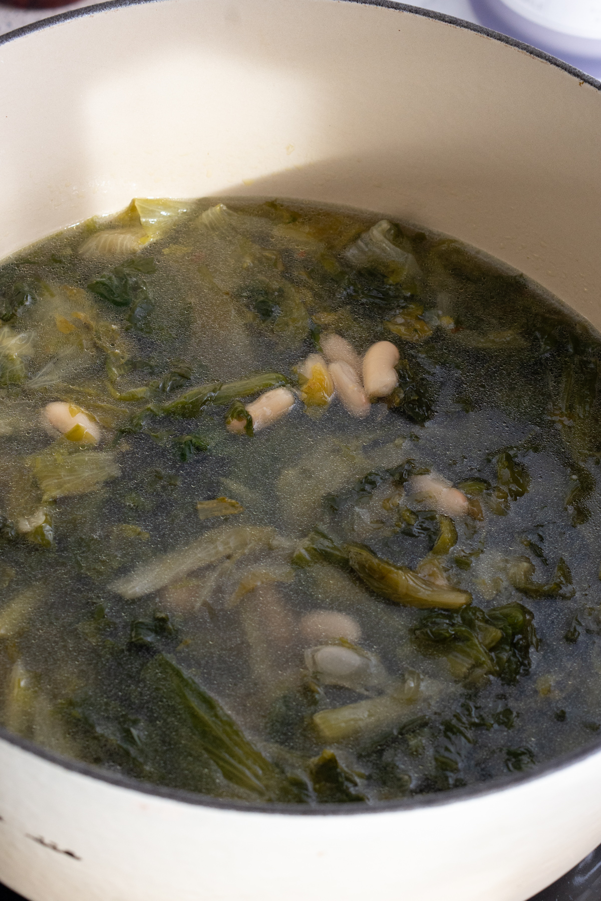 Escarole and beans in a pot with water, ready to be cooked down