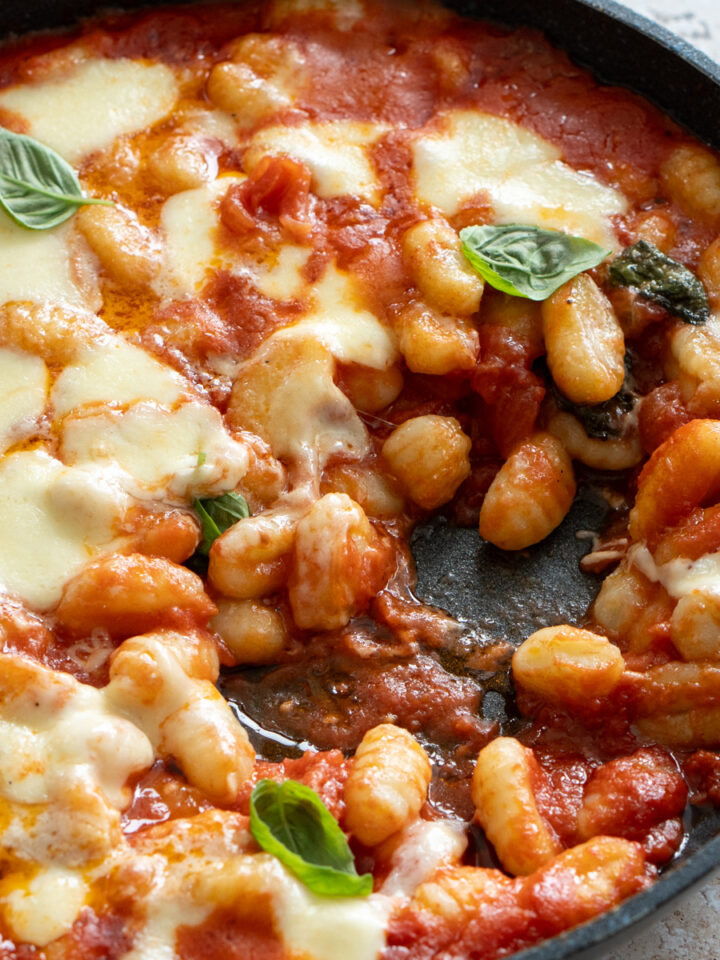 gnocchi alla sorrentina in a pan with a scoop taken out