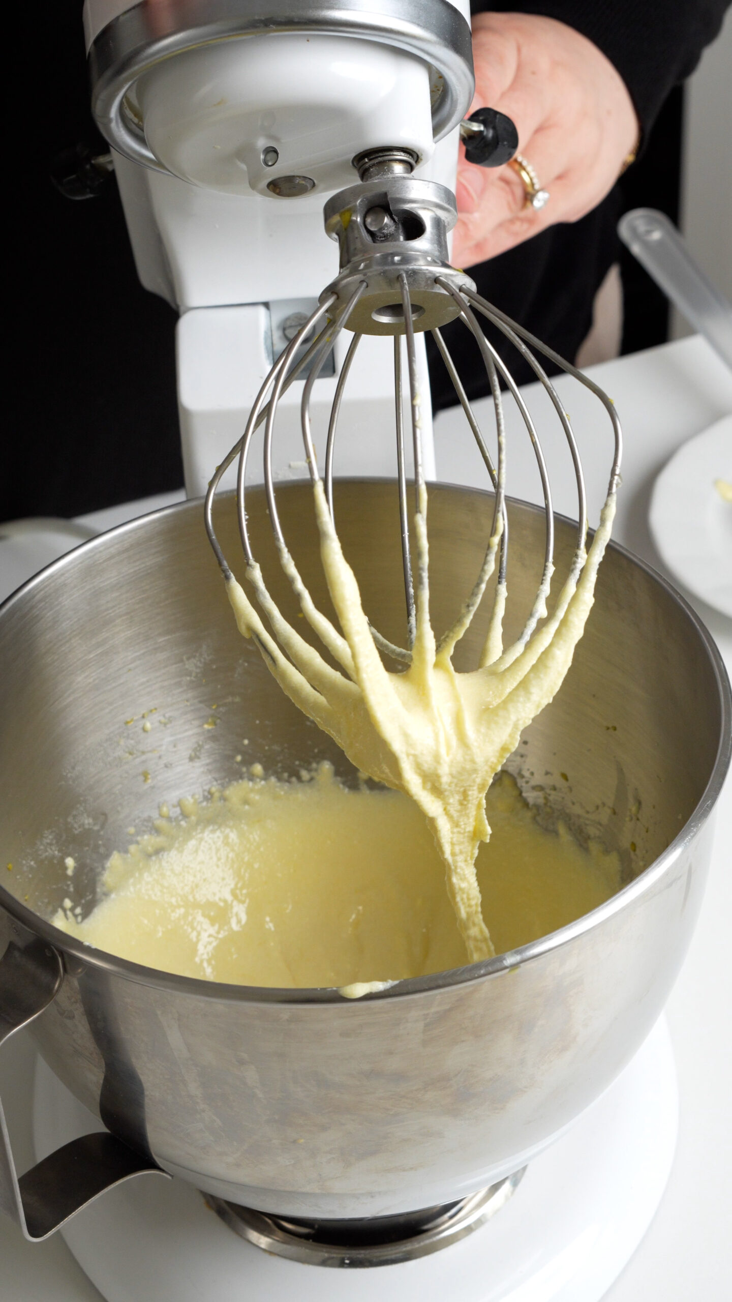 Egg yolks and sugar beaten in a stand mixer