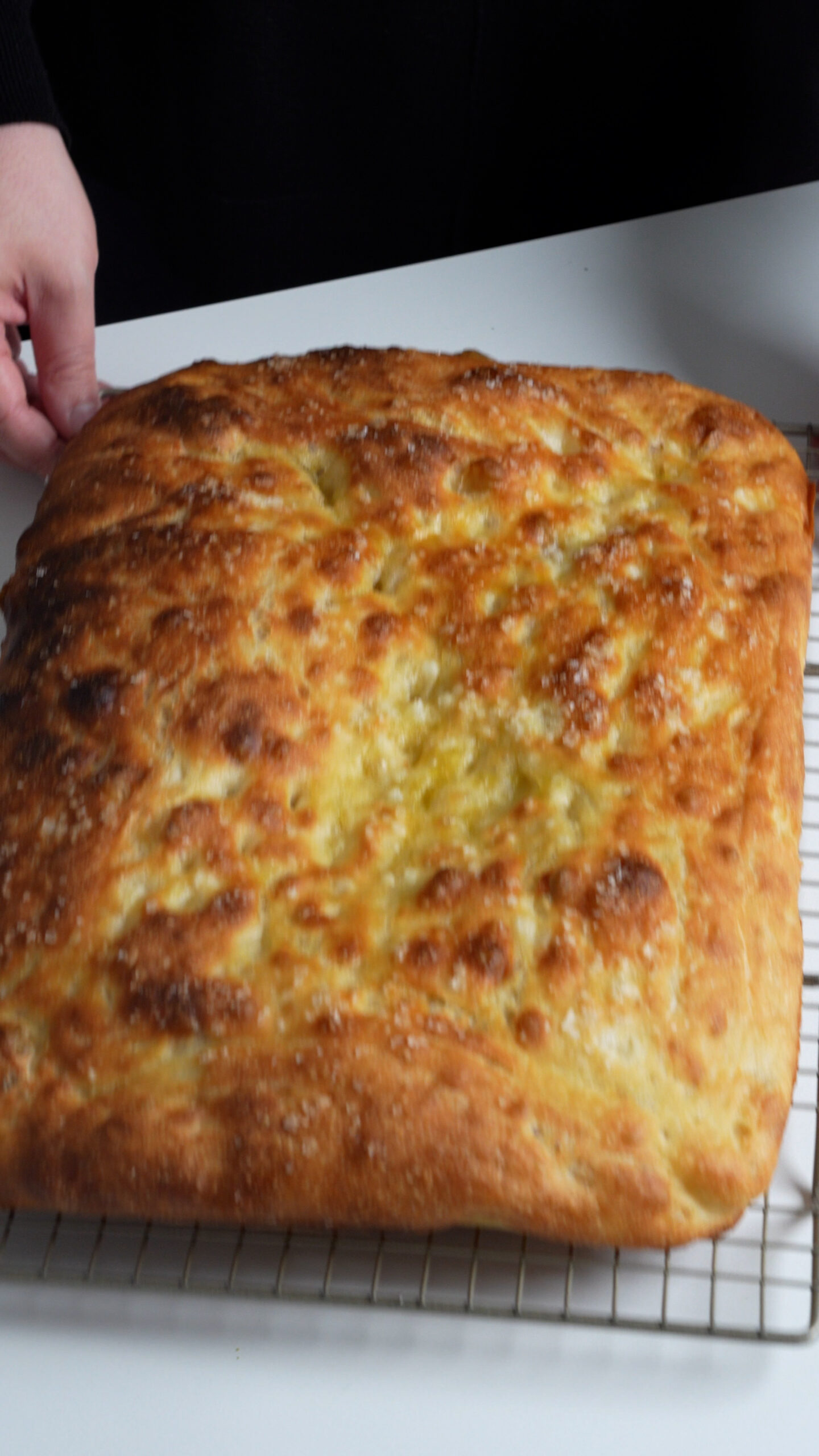 Focaccia on a cooling rack