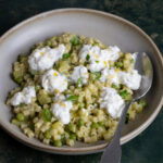 pasta piselli e zucchine topped with stracciatella chese and lemon zest