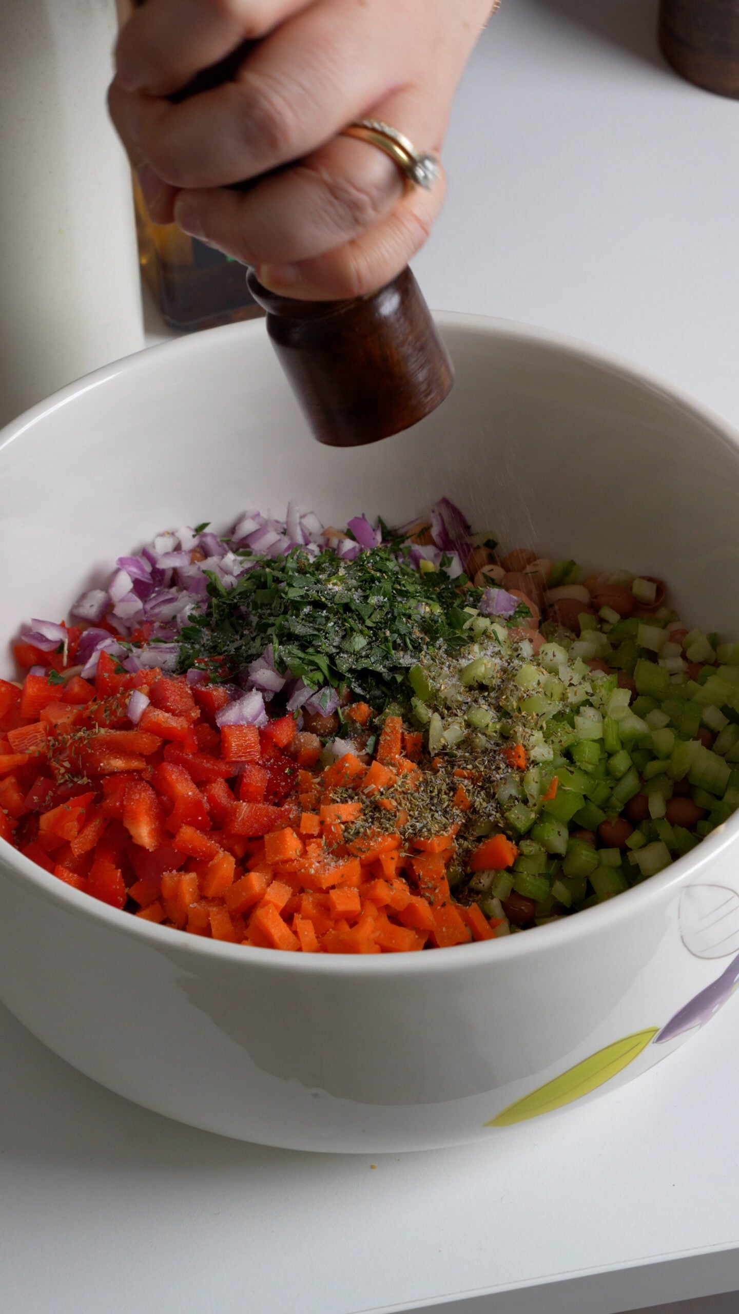 Bean salad ingredients in a bowl before being mixed - beans, carrots, peppers, red onion, celery, parsley, dried oregano, salt and pepper