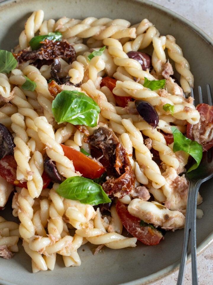 Italian pasta salad in a plate topped with sun dried tomatoes, grape tomatoes, olives, basil, mozzarella and tuna