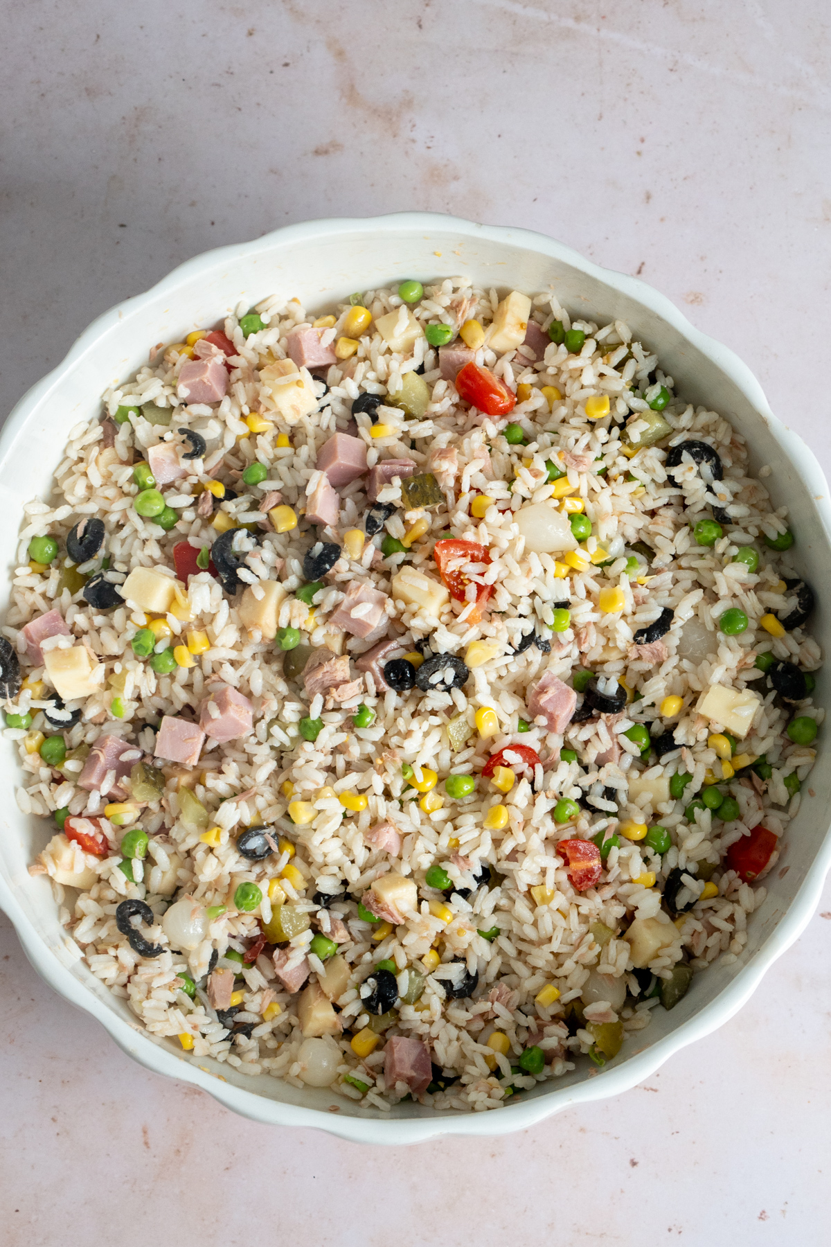 Italian rice salad in a large bowl